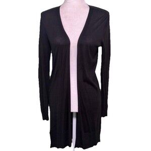 Womens Black Longline Open Front Cardigan Lightweight Knit Minimalist Layering S